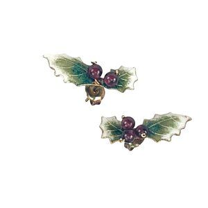 Vintage Enamel Holly Leaf & Berry Earrings Festive Holiday Design Green & Red